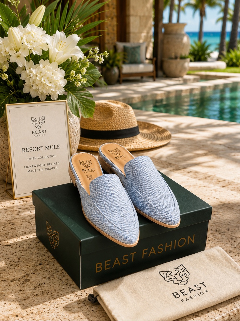 BEAST FASHION Light Blue Linen Slip-On Resort Mule